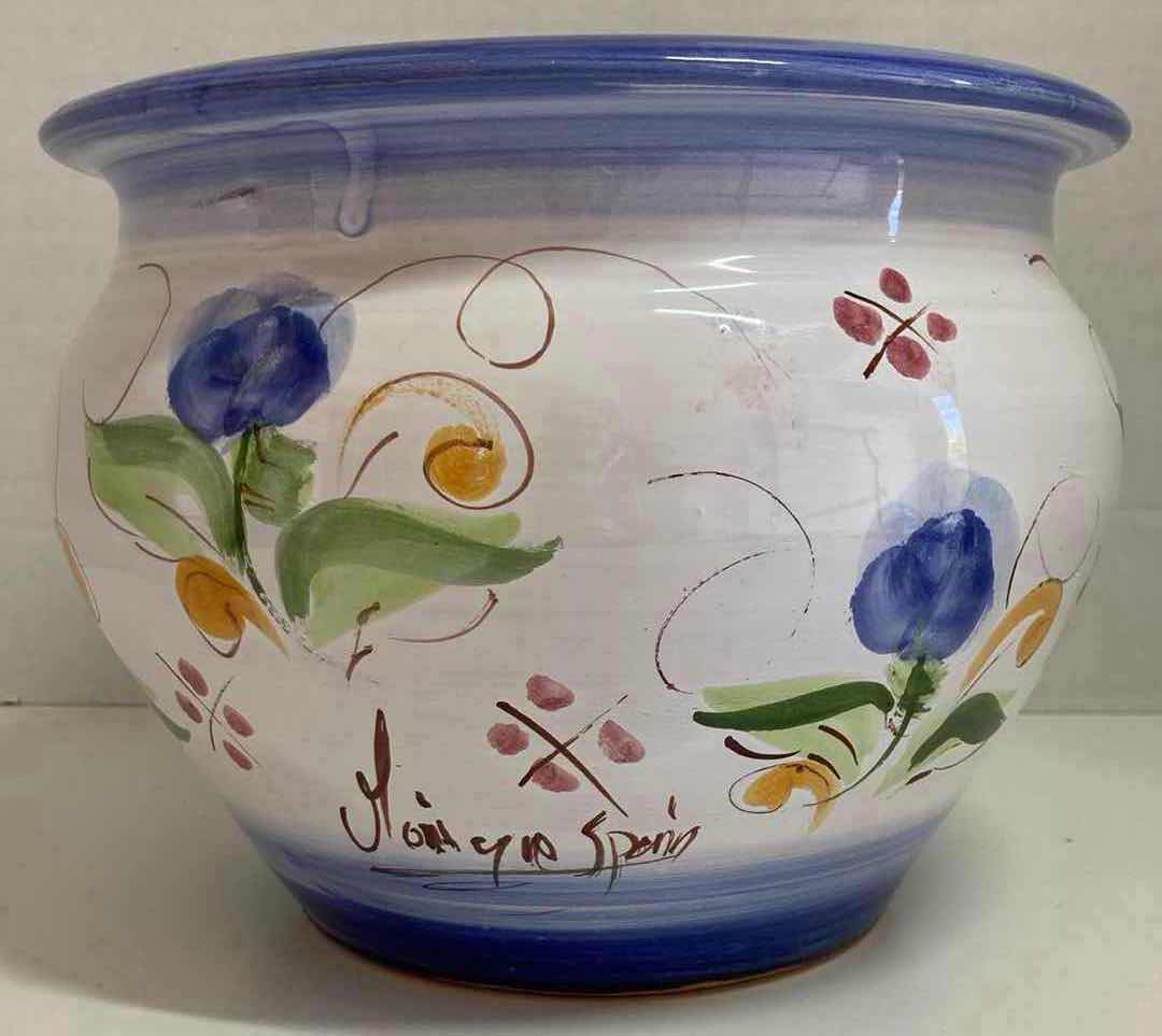 Photo 1 of HAND CRAFTED FLORAL DESIGN W BLUE RIM CERAMIC FLOWER POT 9.5” X H7.25”