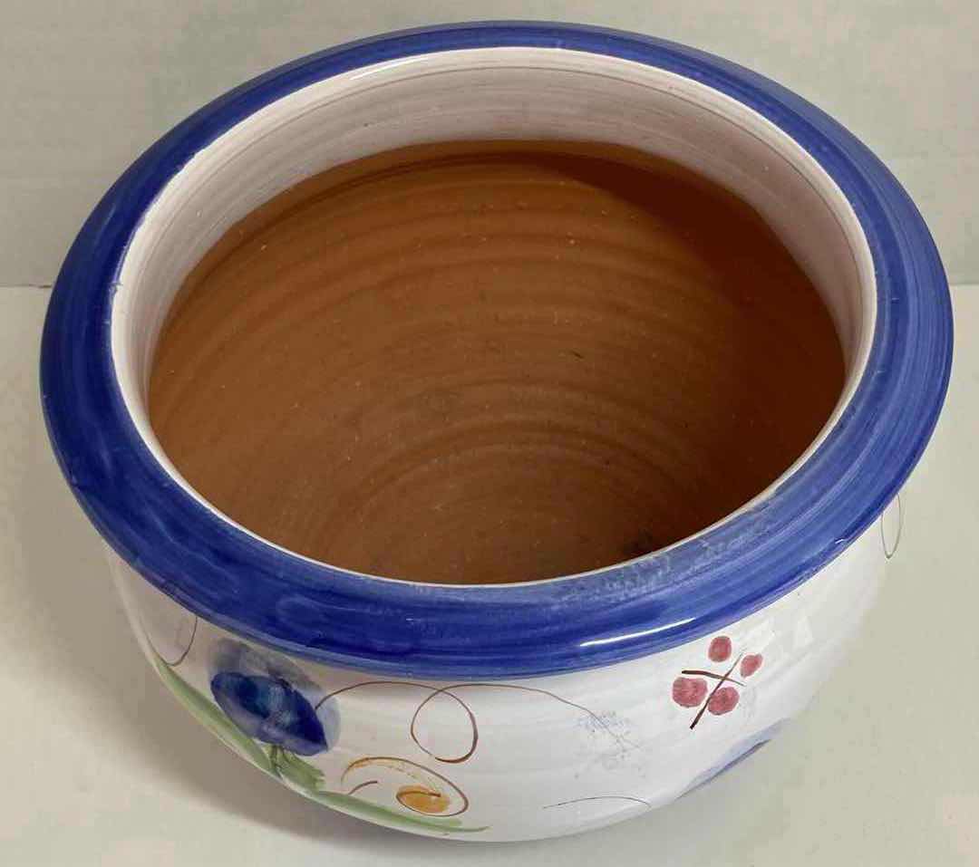 Photo 1 of HAND CRAFTED FLORAL DESIGN W BLUE RIM CERAMIC FLOWER POT 9.5” X H7.25”