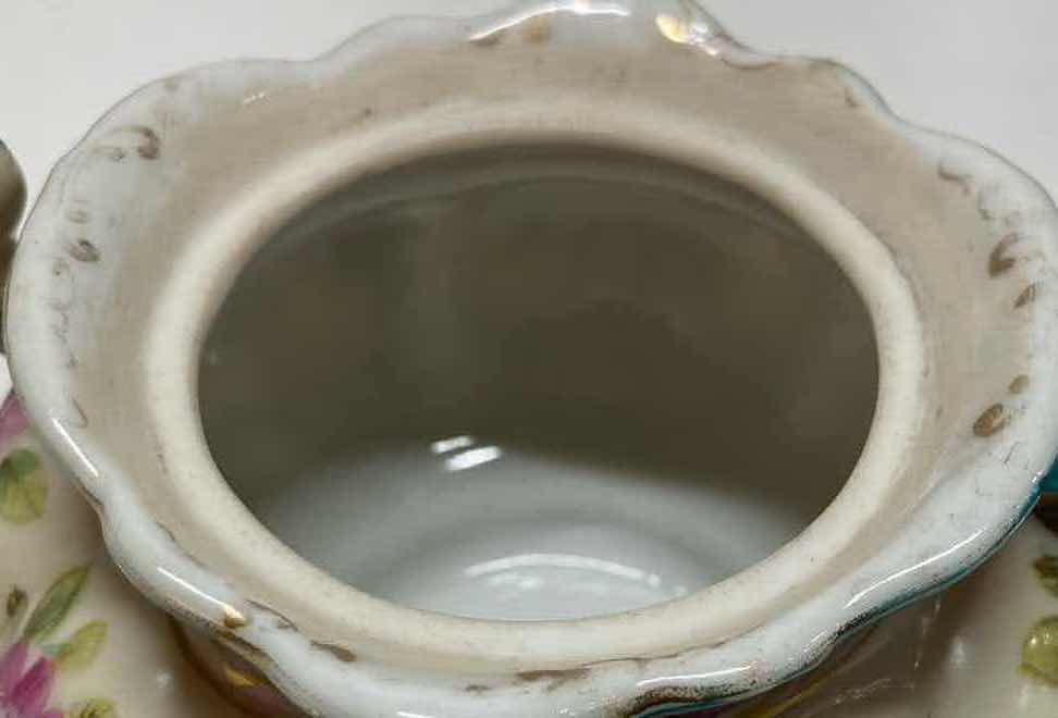 Photo 7 of HAND PAINTED PURPLE FLOWER PORCELAIN SUGAR BOWL W LID & CREAMER