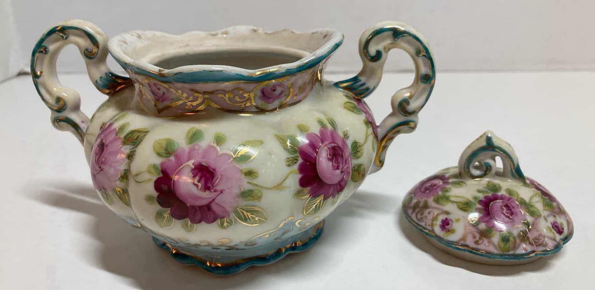 Photo 5 of HAND PAINTED PURPLE FLOWER PORCELAIN SUGAR BOWL W LID & CREAMER