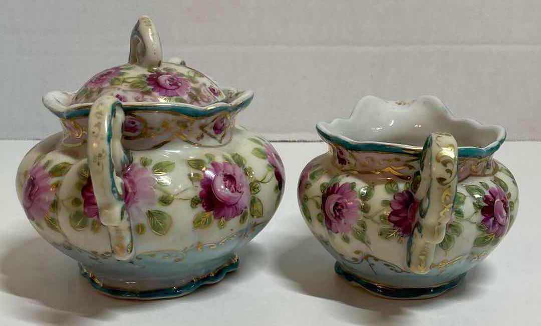 Photo 2 of HAND PAINTED PURPLE FLOWER PORCELAIN SUGAR BOWL W LID & CREAMER