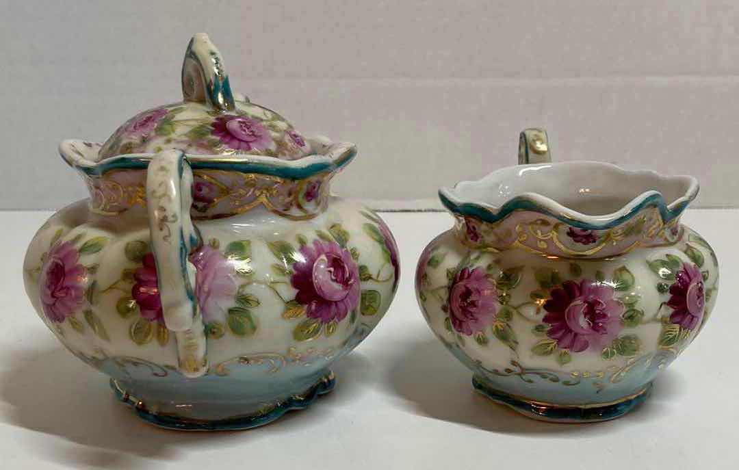 Photo 3 of HAND PAINTED PURPLE FLOWER PORCELAIN SUGAR BOWL W LID & CREAMER