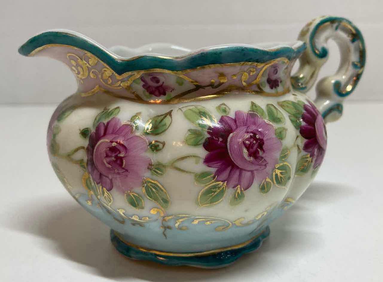 Photo 6 of HAND PAINTED PURPLE FLOWER PORCELAIN SUGAR BOWL W LID & CREAMER