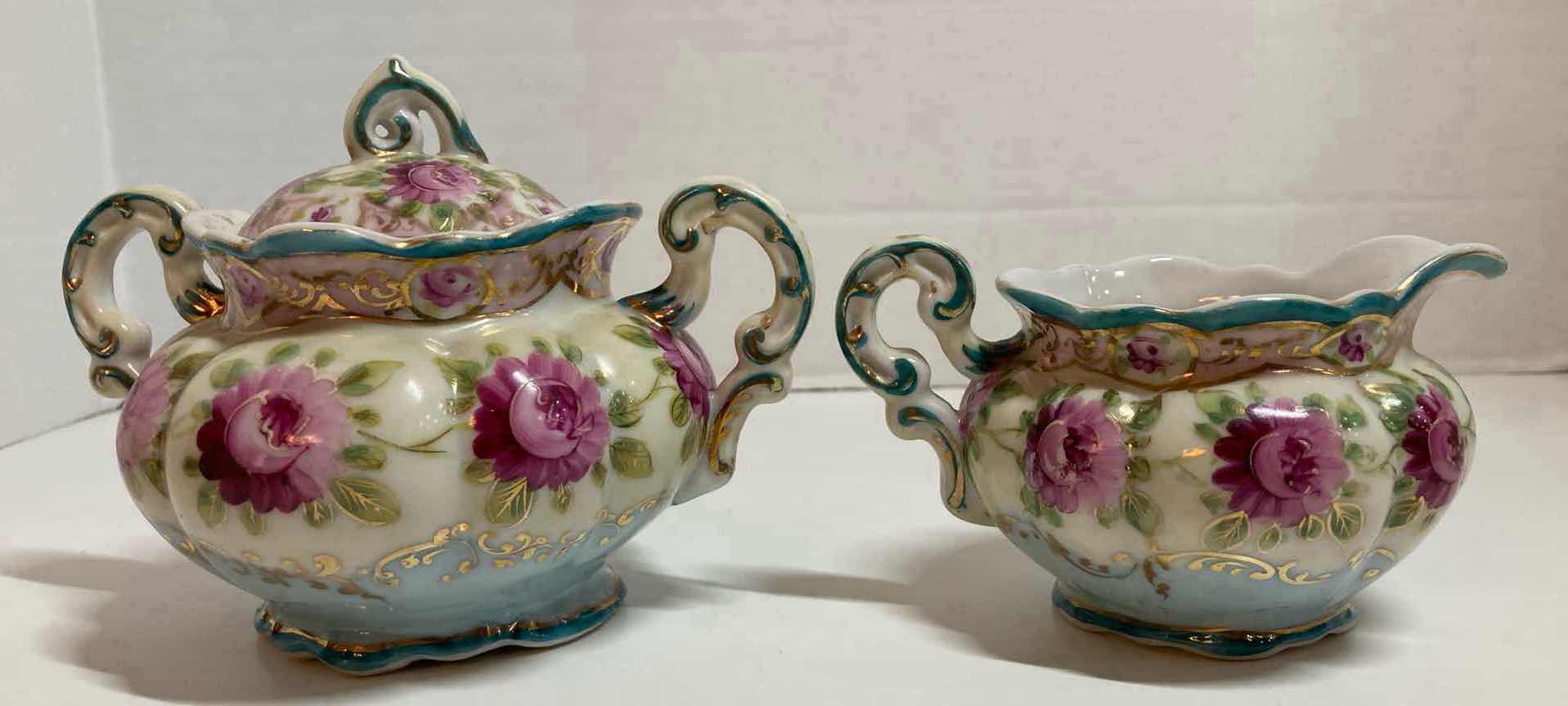 Photo 4 of HAND PAINTED PURPLE FLOWER PORCELAIN SUGAR BOWL W LID & CREAMER