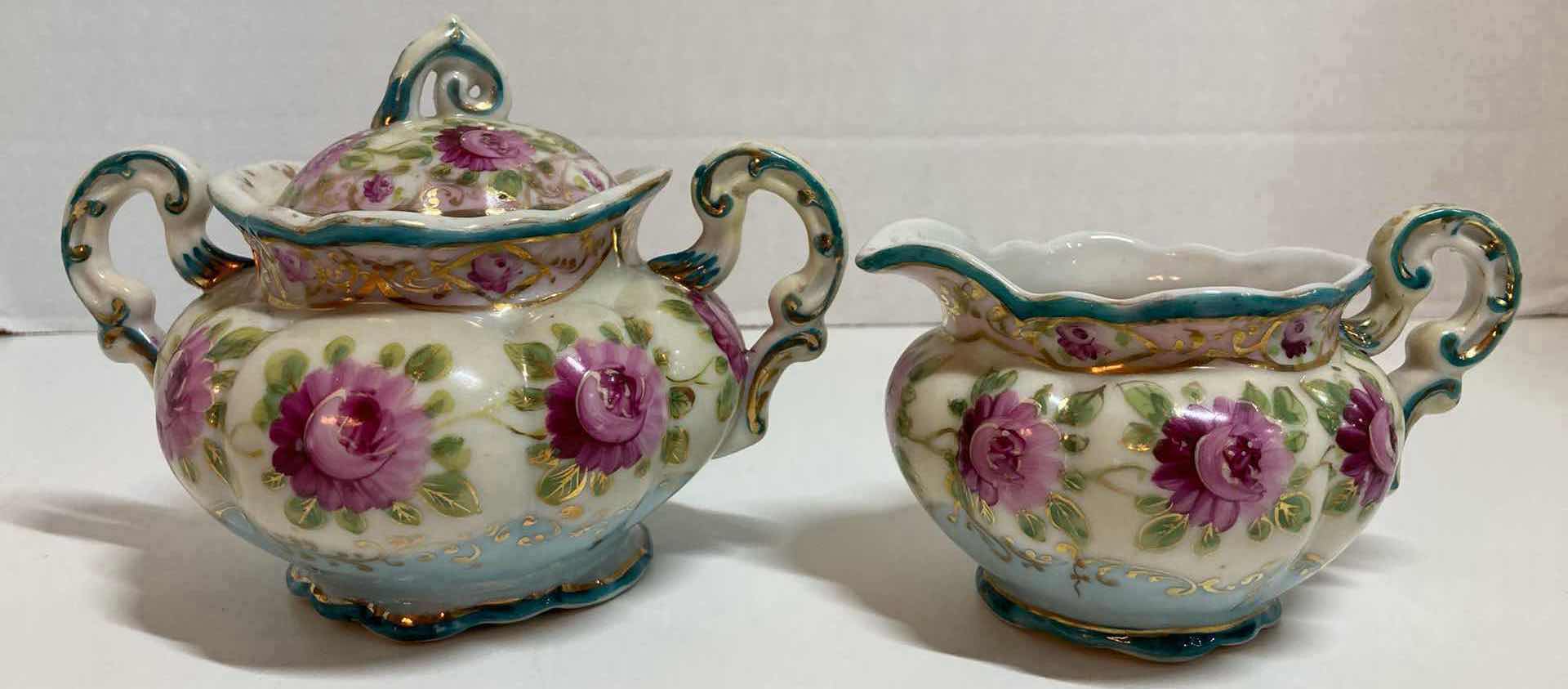 Photo 1 of HAND PAINTED PURPLE FLOWER PORCELAIN SUGAR BOWL W LID & CREAMER