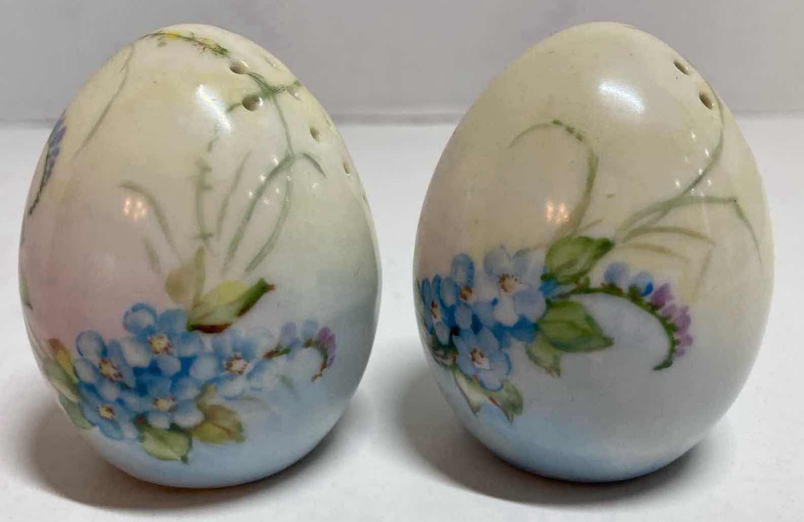 Photo 1 of GERMAN HAND PAINTED BLUE FLORAL PORCELAIN EGG-SHAPED SALT AND PEPPER SHAKER H2.5”