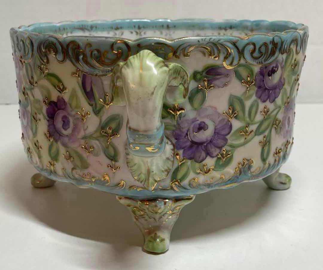 Photo 3 of LIMOGES FRANCE 18TH CENTURY HAND PAINTED PURPLE FLOWER PORCELAIN FOOTED BOWL W HANDLES 9.75” X 7.25” H4.5”