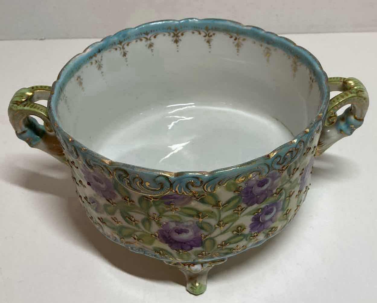 Photo 2 of LIMOGES FRANCE 18TH CENTURY HAND PAINTED PURPLE FLOWER PORCELAIN FOOTED BOWL W HANDLES 9.75” X 7.25” H4.5”