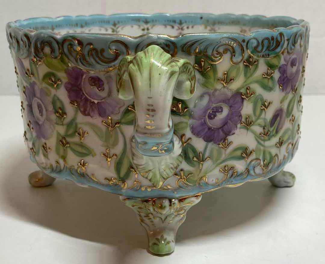Photo 4 of LIMOGES FRANCE 18TH CENTURY HAND PAINTED PURPLE FLOWER PORCELAIN FOOTED BOWL W HANDLES 9.75” X 7.25” H4.5”