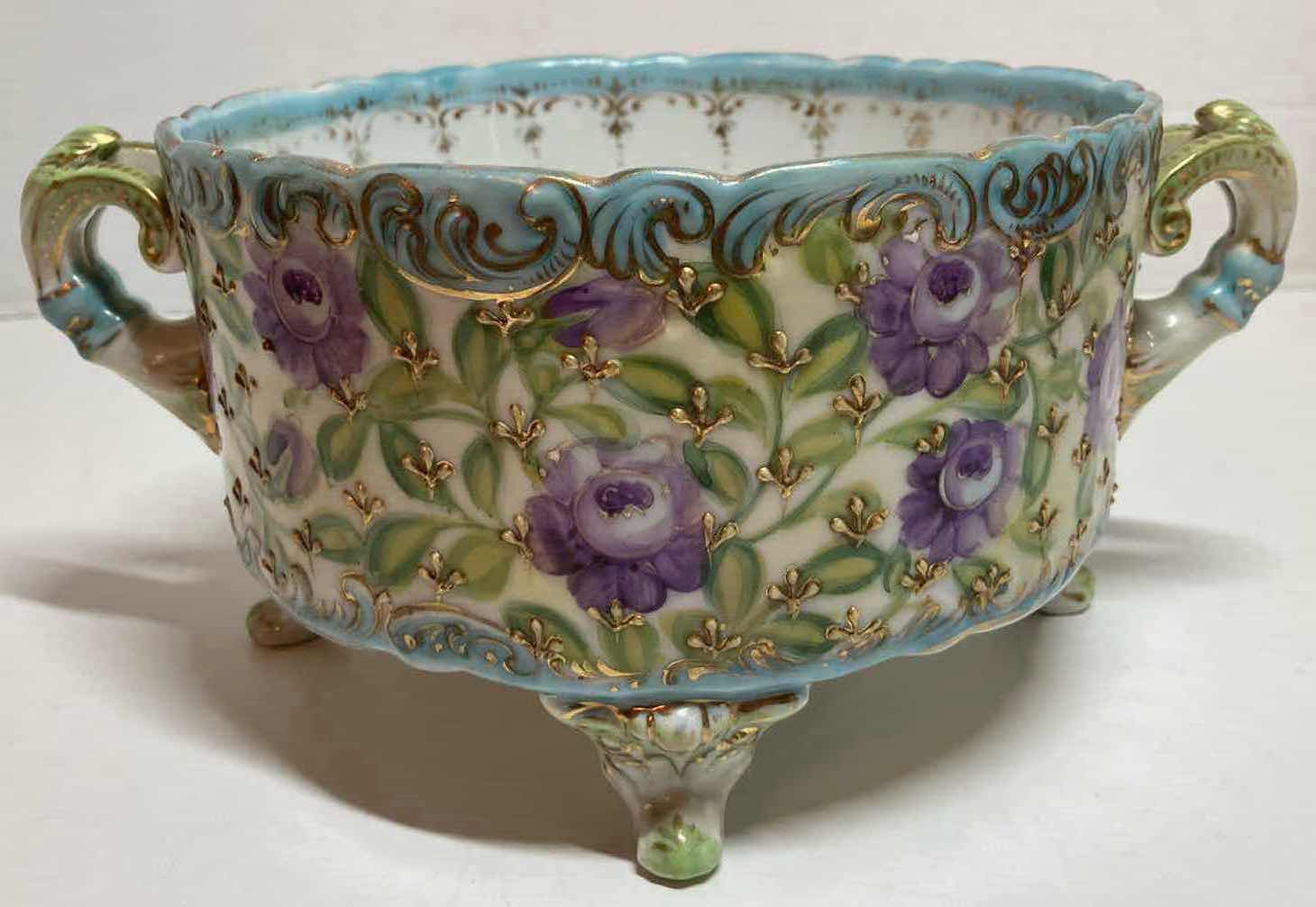 Photo 1 of LIMOGES FRANCE 18TH CENTURY HAND PAINTED PURPLE FLOWER PORCELAIN FOOTED BOWL W HANDLES 9.75” X 7.25” H4.5”
