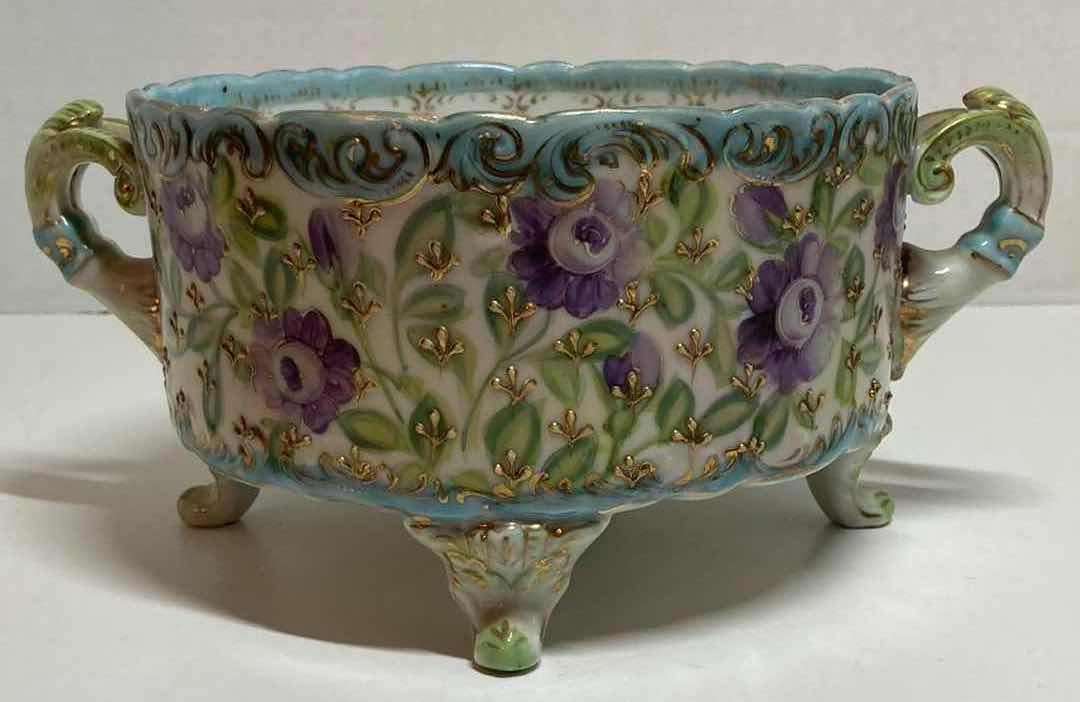 Photo 5 of LIMOGES FRANCE 18TH CENTURY HAND PAINTED PURPLE FLOWER PORCELAIN FOOTED BOWL W HANDLES 9.75” X 7.25” H4.5”