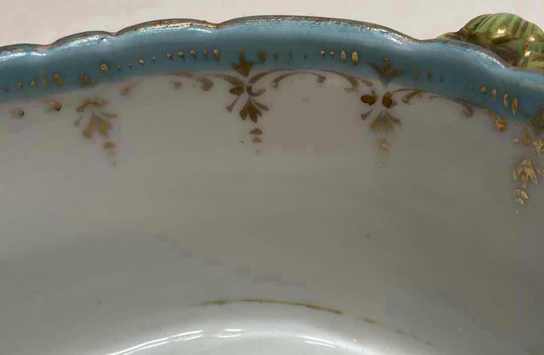 Photo 1 of LIMOGES FRANCE 18TH CENTURY HAND PAINTED PURPLE FLOWER PORCELAIN FOOTED BOWL W HANDLES 9.75” X 7.25” H4.5”