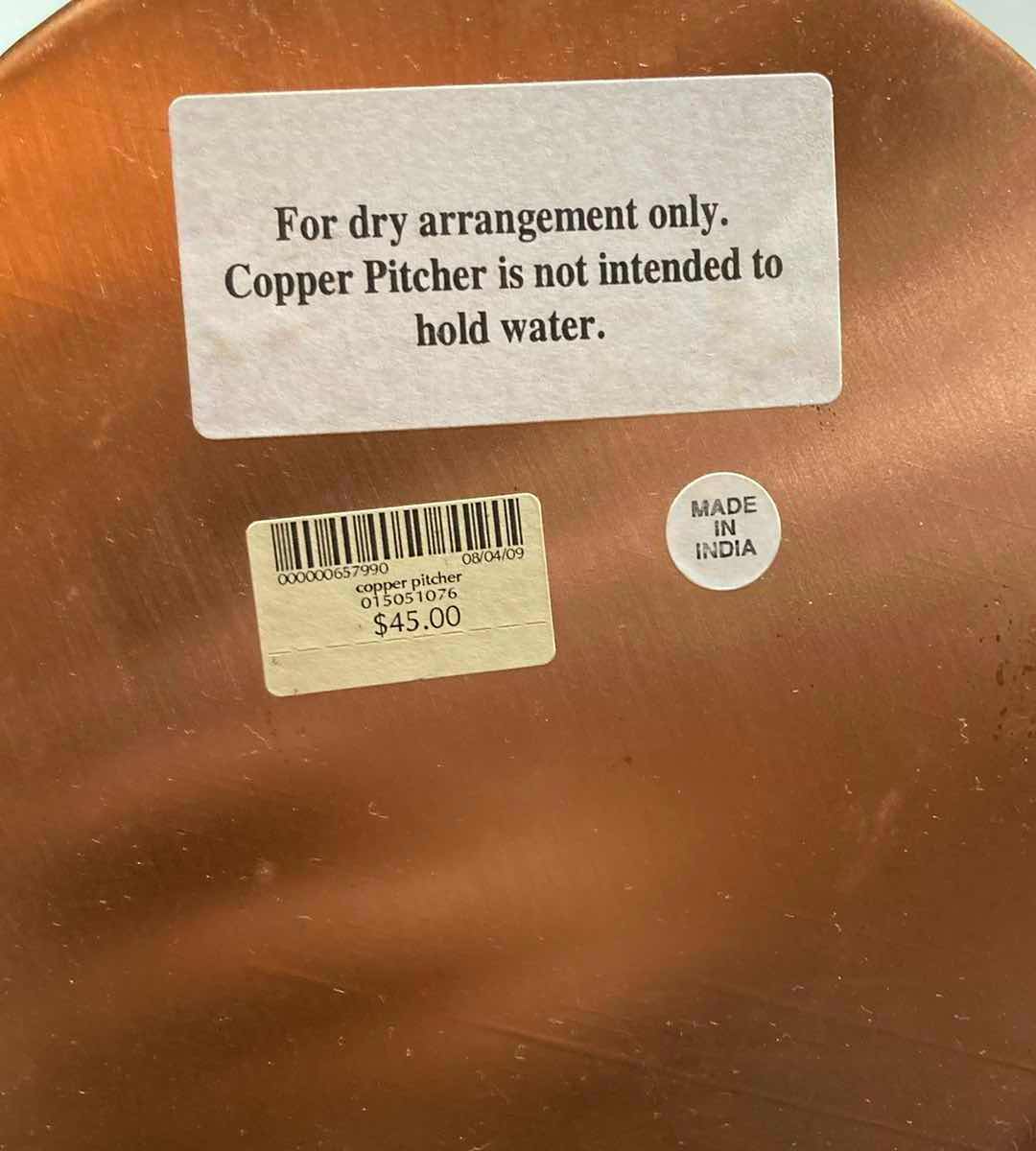 Photo 1 of INDIAN COPPER FINISH TIN ARTIFICIAL FLOWER PITCHER H10.75”