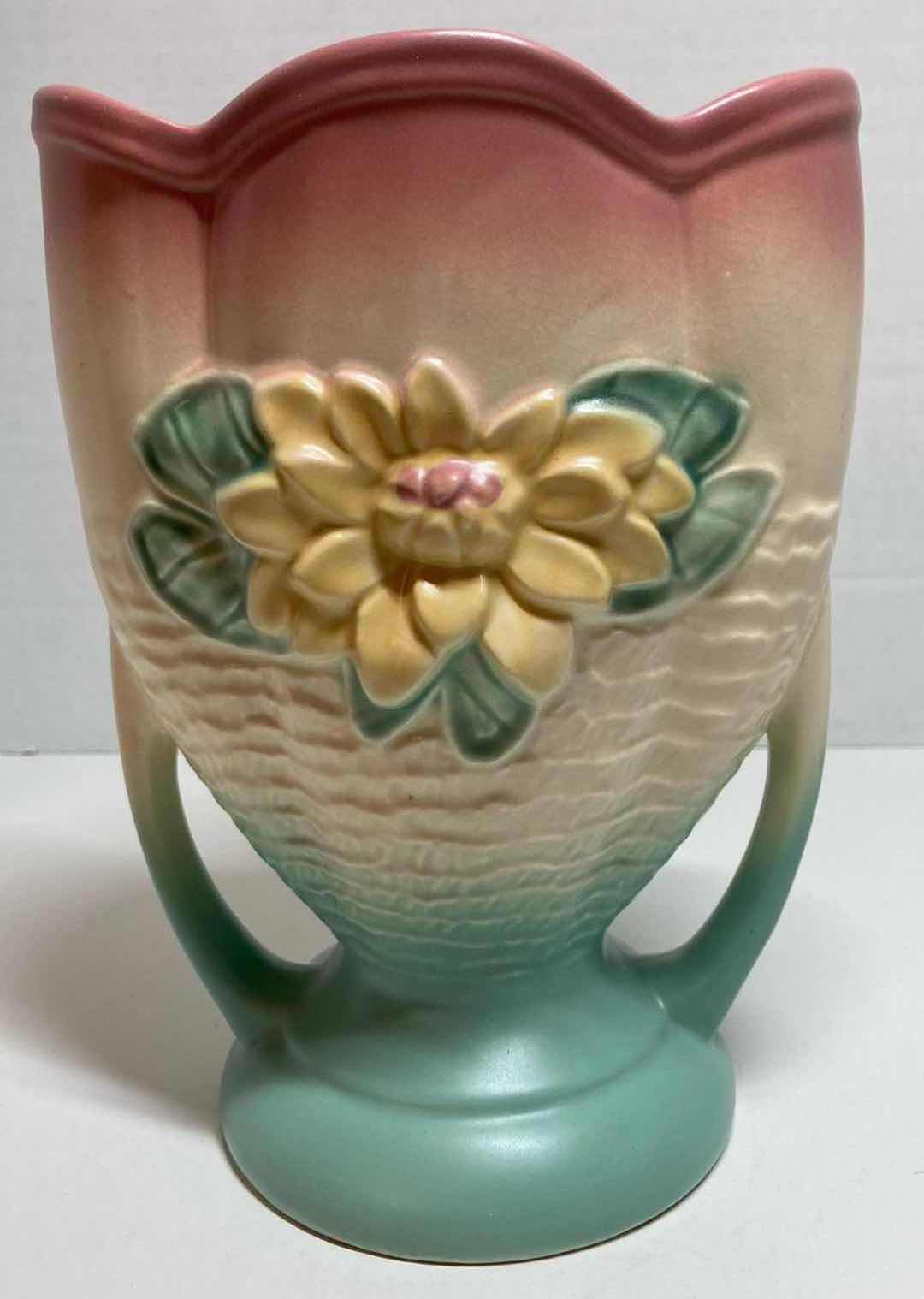 Photo 1 of HULL ART 1940s PINK/GREEN POTTERY WATER LILY VASE 6.5” X 4.75” H9”