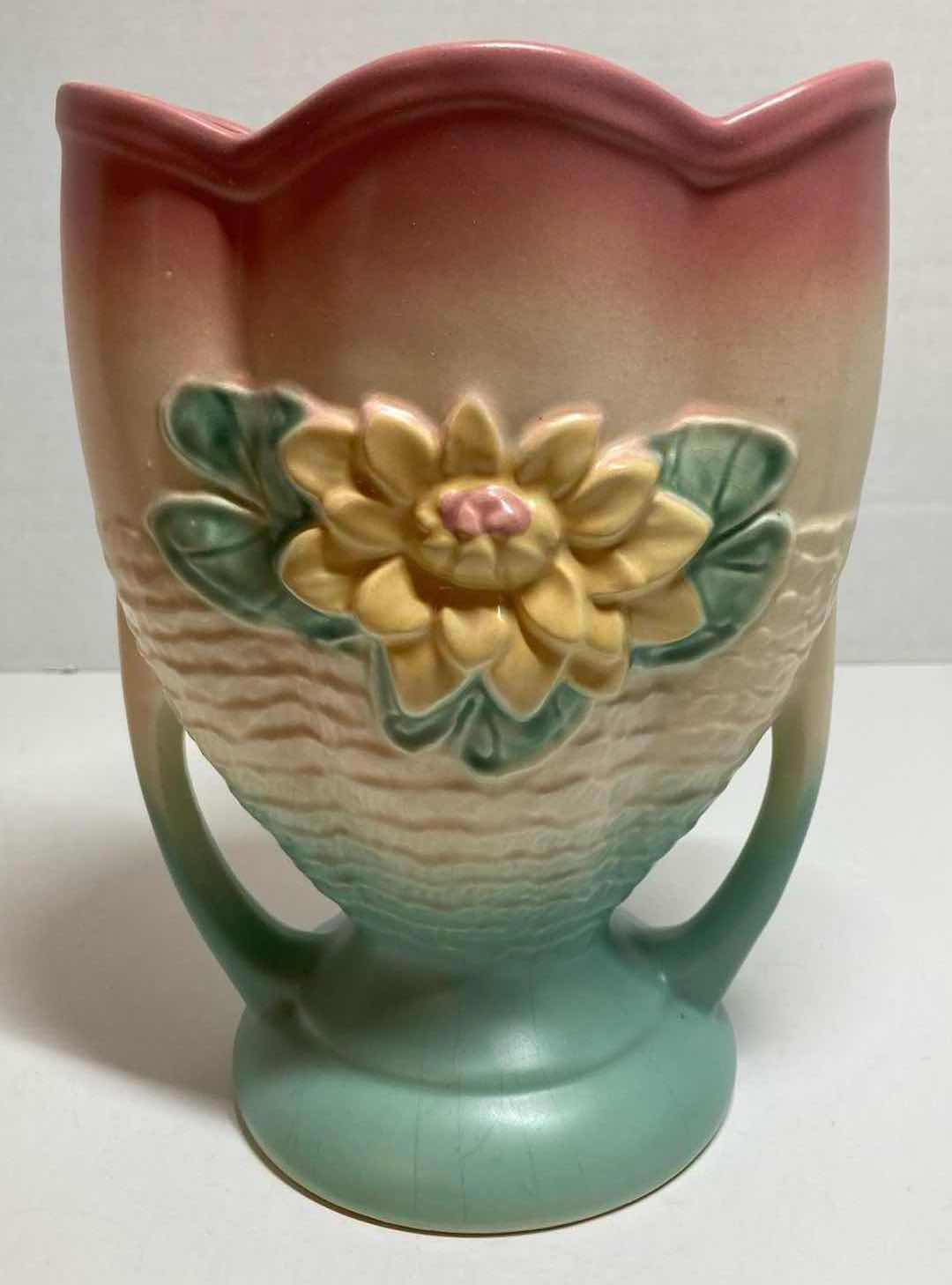 Photo 1 of HULL ART 1940s PINK/GREEN POTTERY WATER LILY VASE 6.5” X 4.75” H9”