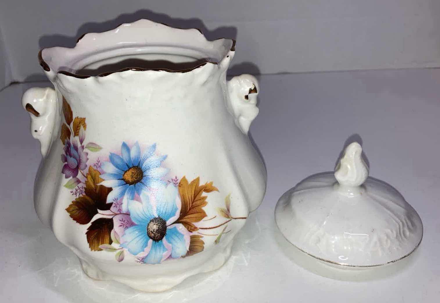 Photo 1 of HOUSE OF WEBSTER 1930s HAND PAINTED BLUE FLOWER CERAMIC COOKIE JAR W LID 6” X H7.75”