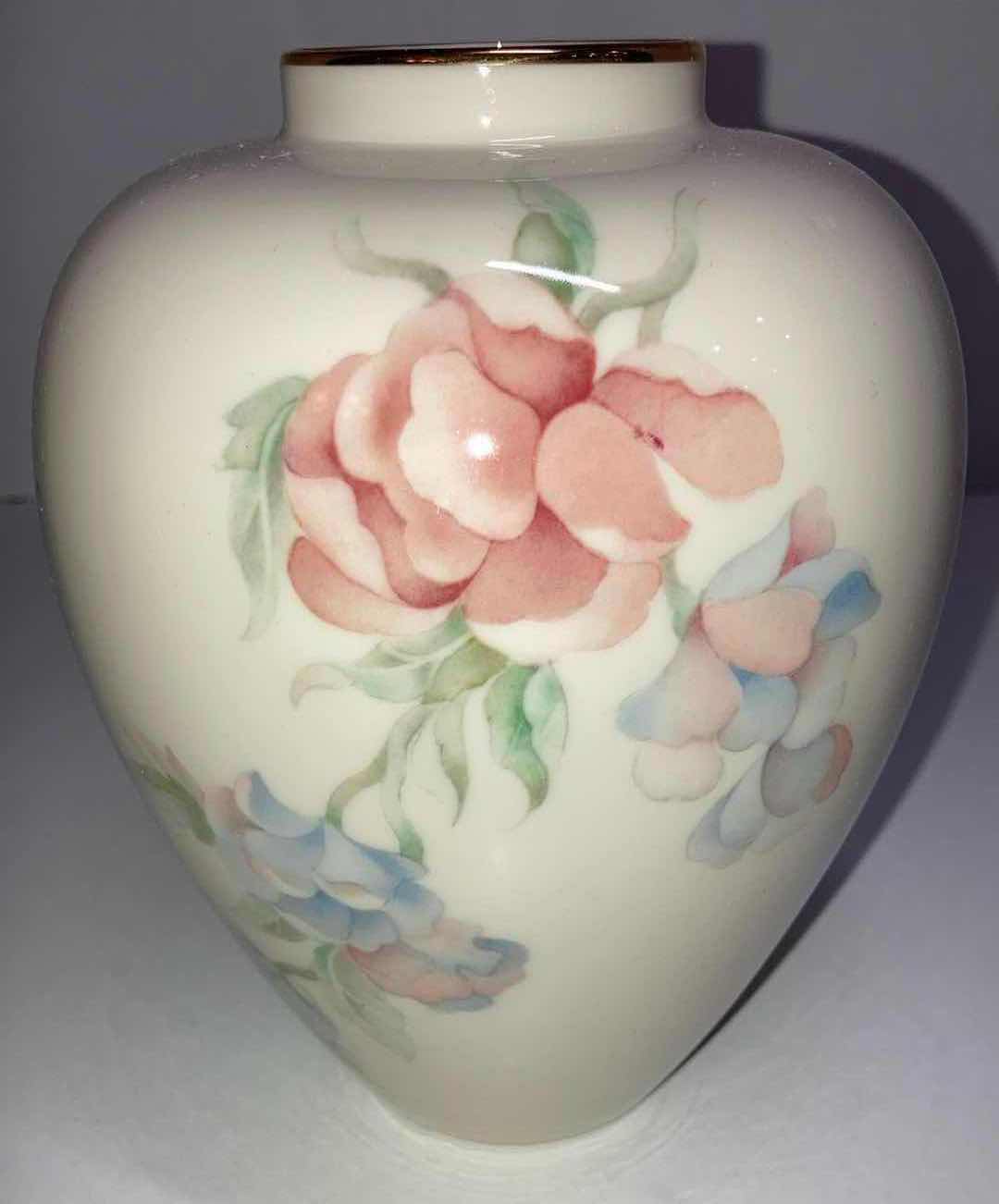 Photo 1 of LENOX CHATSWORTH BLUE/PINK FLORAL W GOLD TRIM PORCELAIN VASE H6.5”