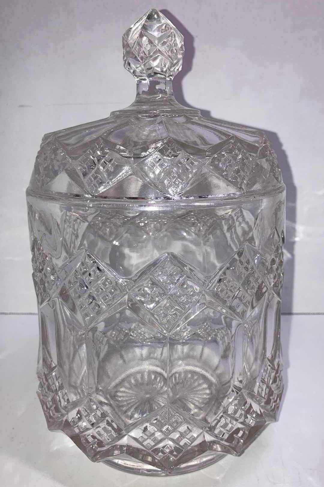 Photo 1 of IMPERIAL GLASS LIDDED CANDY DISH W DIAMOND CUT PATTERN H9”