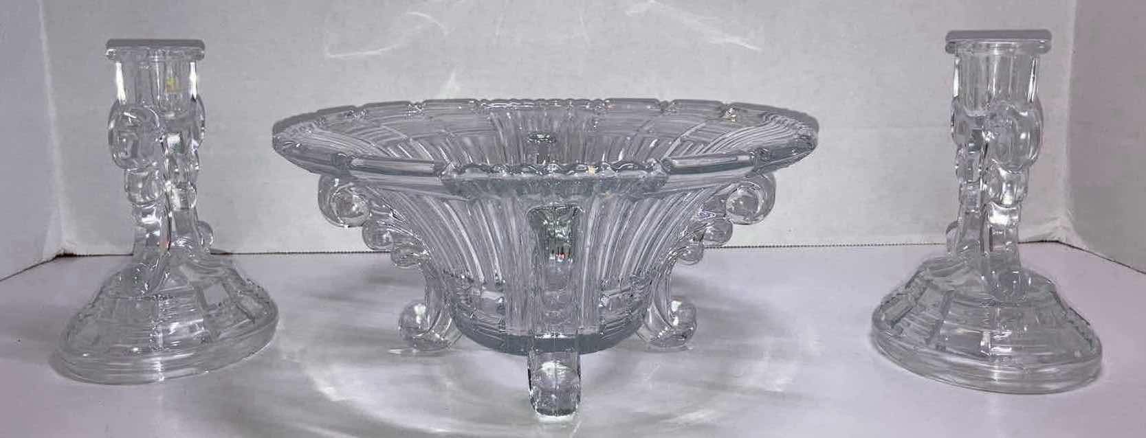 Photo 1 of INDIANA GLASS FOOTED CONSOLE BOWL SET W CANDELSTICK HOLDERS (10” X 8.5” H3.75” & H5.5”)