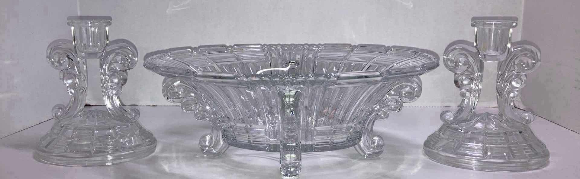 Photo 1 of INDIANA GLASS FOOTED CONSOLE BOWL SET W CANDELSTICK HOLDERS (10” X 8.5” H3.75” & H5.5”)