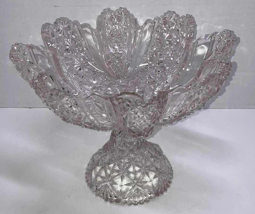 Photo 1 of EARLY AMERICAN PRESSED GLASS PEDESTAL PUNCH BOWL W DAISY PATTERN 10” X H8”