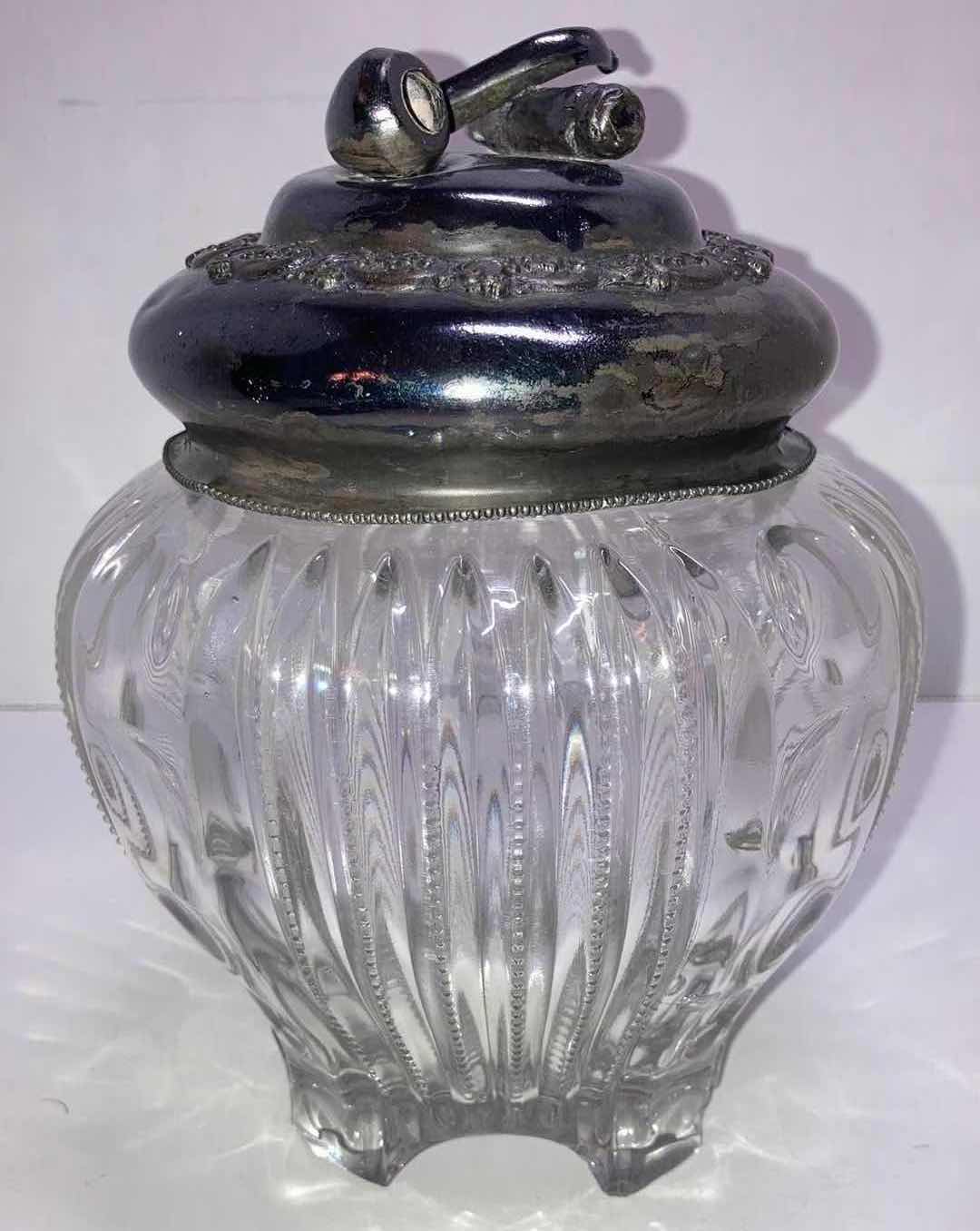 Photo 1 of GLASS JAR W STERLING SILVER PIPE/CUGAR LID 5.75” X H8”