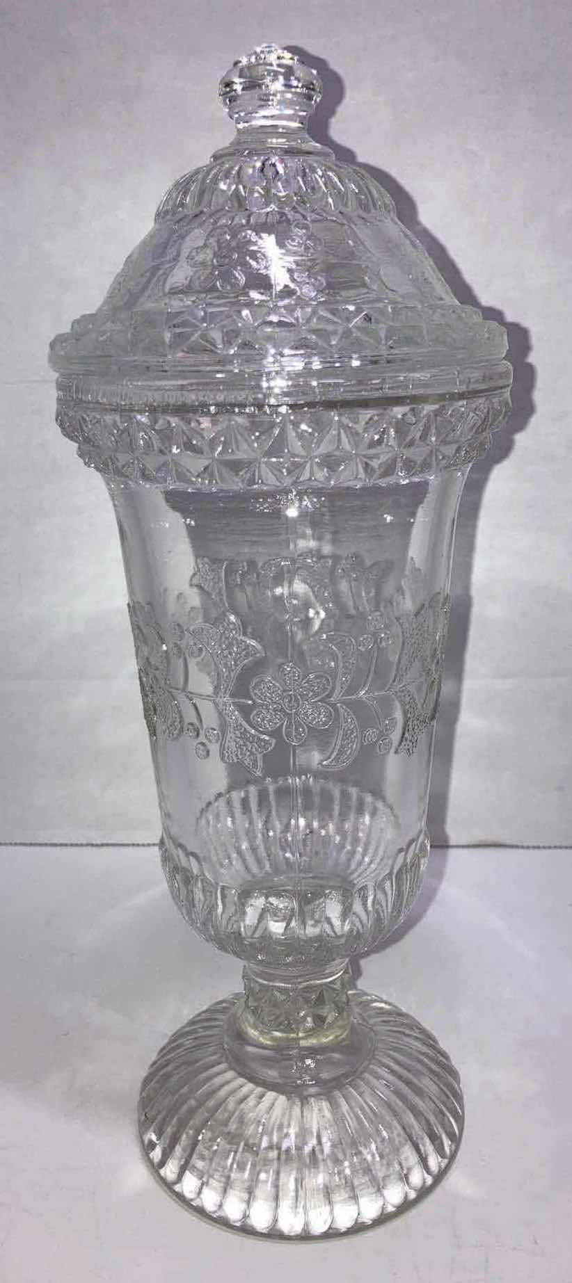 Photo 1 of  L.G. WRIGHT TALL GLASS WILDFLOWER PATTERN CANDY JAR W LID 4” X H11”