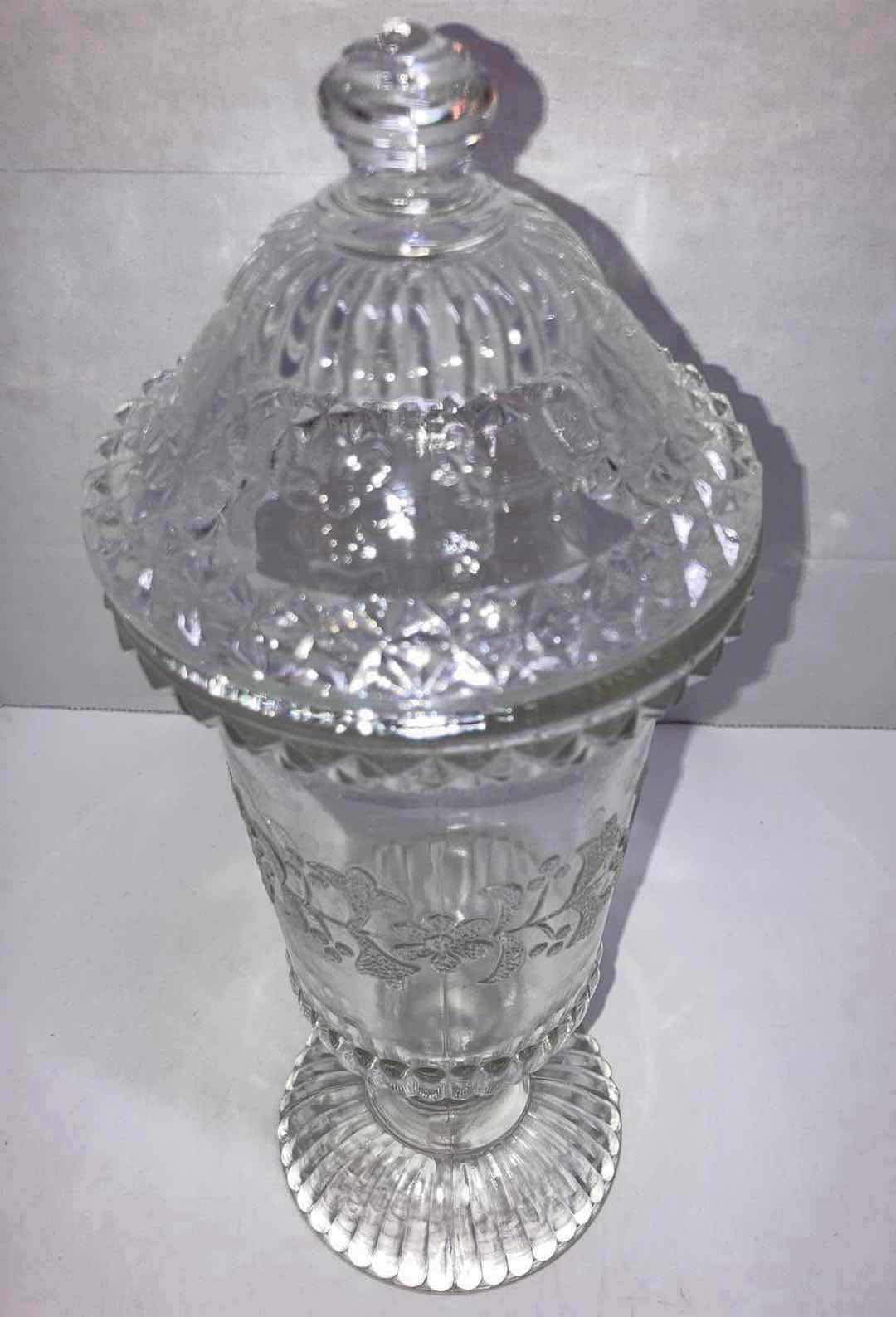 Photo 2 of  L.G. WRIGHT TALL GLASS WILDFLOWER PATTERN CANDY JAR W LID 4” X H11”
