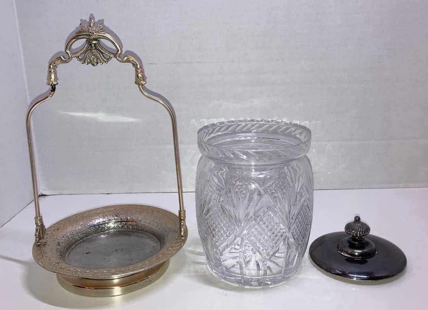 Photo 1 of GLASS BISCUIT JAR W SILVER PLATED HANDLE & BASE 6” X H10”
