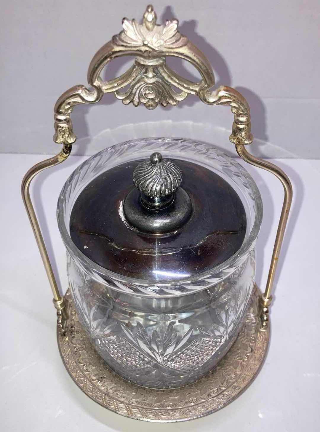 Photo 1 of GLASS BISCUIT JAR W SILVER PLATED HANDLE & BASE 6” X H10”