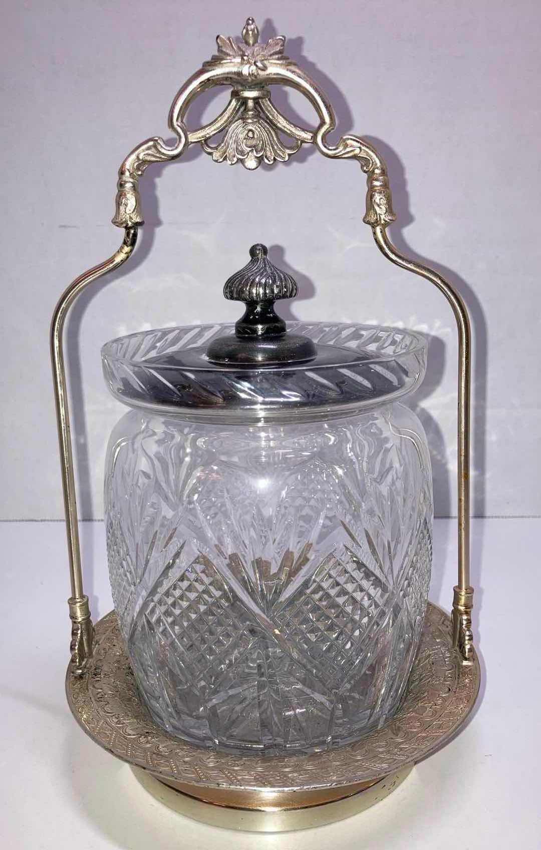 Photo 1 of GLASS BISCUIT JAR W SILVER PLATED HANDLE & BASE 6” X H10”