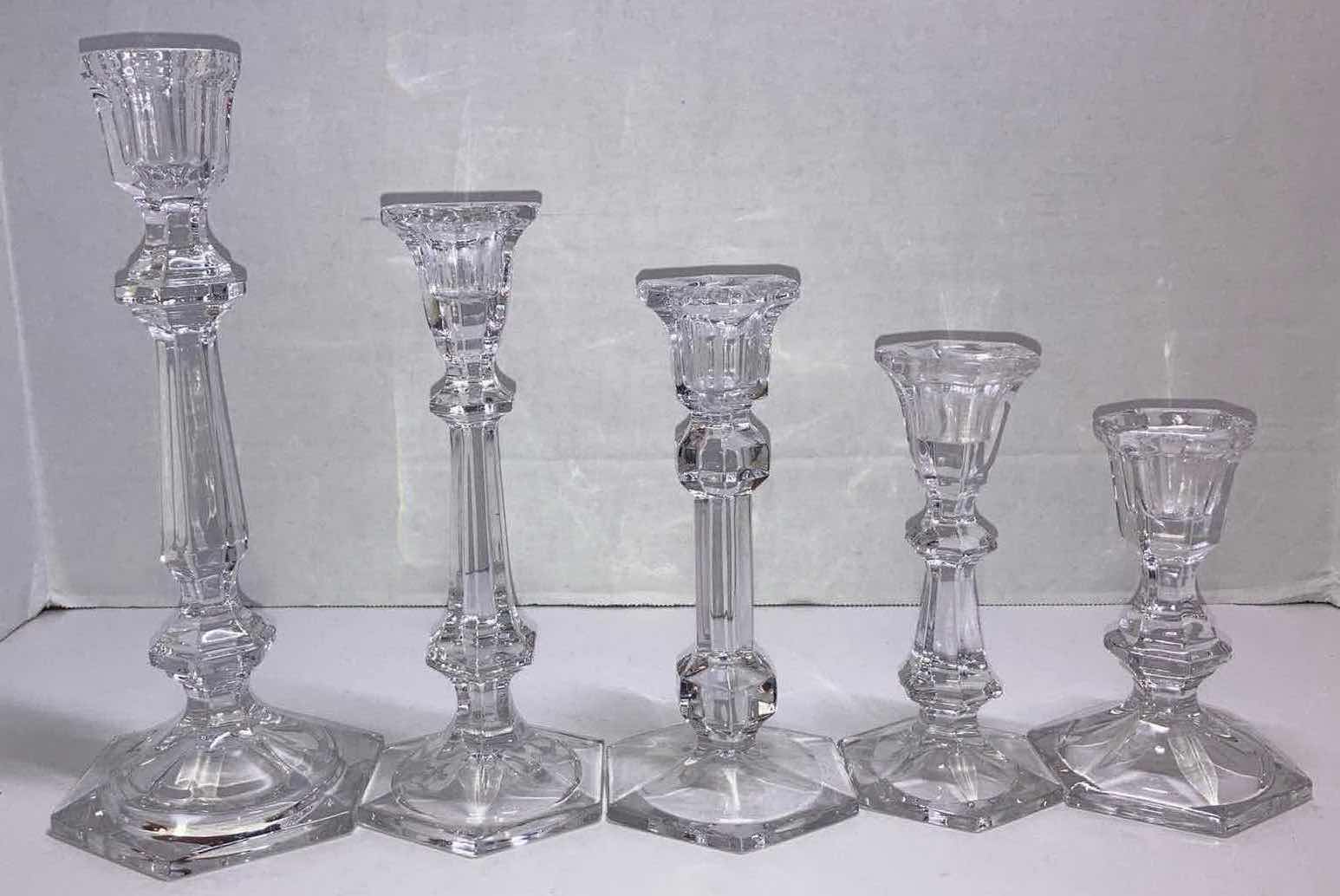 Photo 1 of CRYSTAL PILLAR CANDLESTICK HOLDERS- VARIOUS STYLES & SIZES (5) 5”-10”