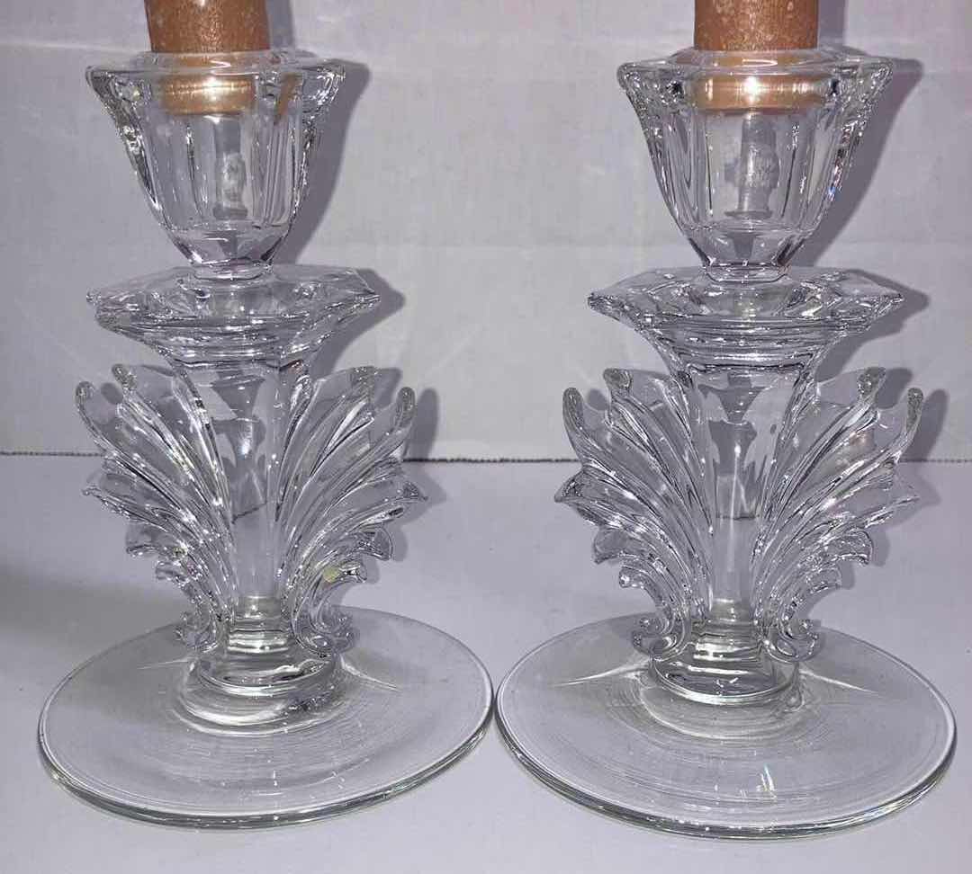 Photo 1 of FOSTORIA GLASS ARCADY BAROQUE SHAPED CANDLESTICK HOLDER (2) H5.75” (CANDELS ARE INCLUDED)