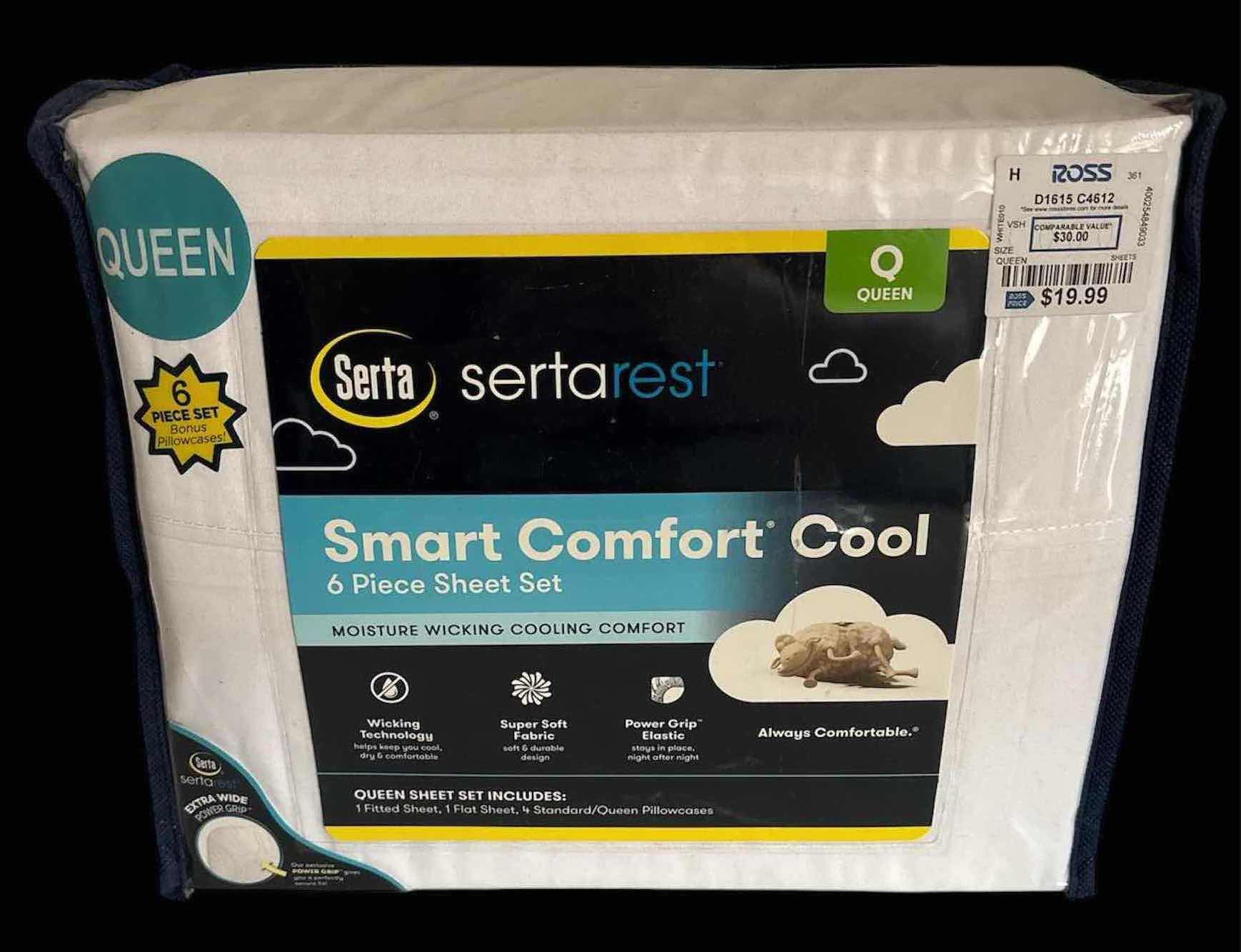 Photo 1 of NEW SERTA SERTAREST SMART COMFORT COOL 6 PC QUEEN SHEET SET W 2 SETS OF 2-PACK STANDARD PILLOW CASES, WHITE