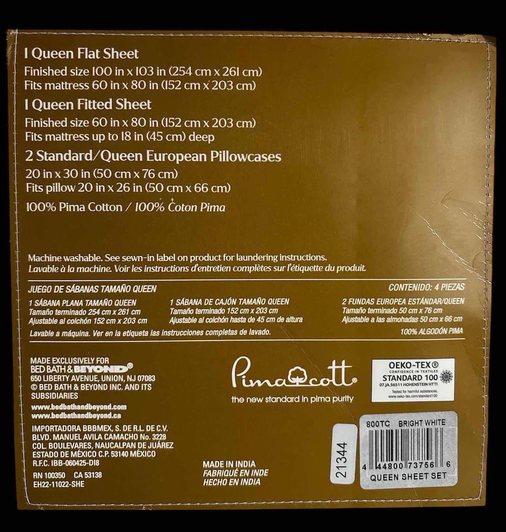 View 3 of NEW EVERHOME AMERICAN GROWN PIMA COTTON QUEEN 4 PC SHEET SET, 800 THREAD COUNT BRIGHT WHITE