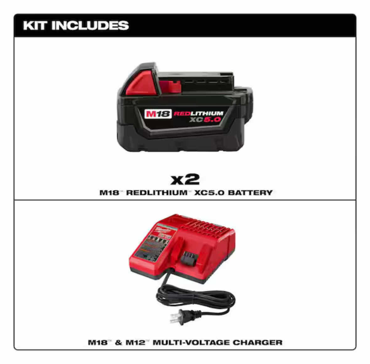 Photo 1 of NEW MILWAUKEE M18, 18 VOLT LITHIUM-ION XC STARTER KIT W TWO 5.0Ah BATTERIES & CHARGER (48-59-1852B)