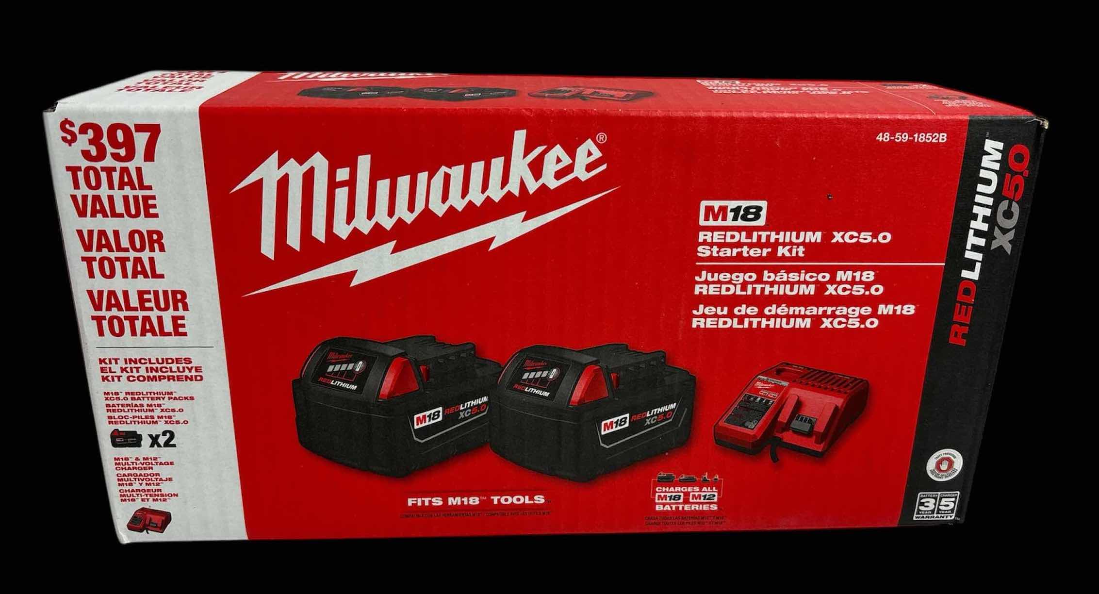 Photo 1 of NEW MILWAUKEE M18, 18 VOLT LITHIUM-ION XC STARTER KIT W TWO 5.0Ah BATTERIES & CHARGER (48-59-1852B)