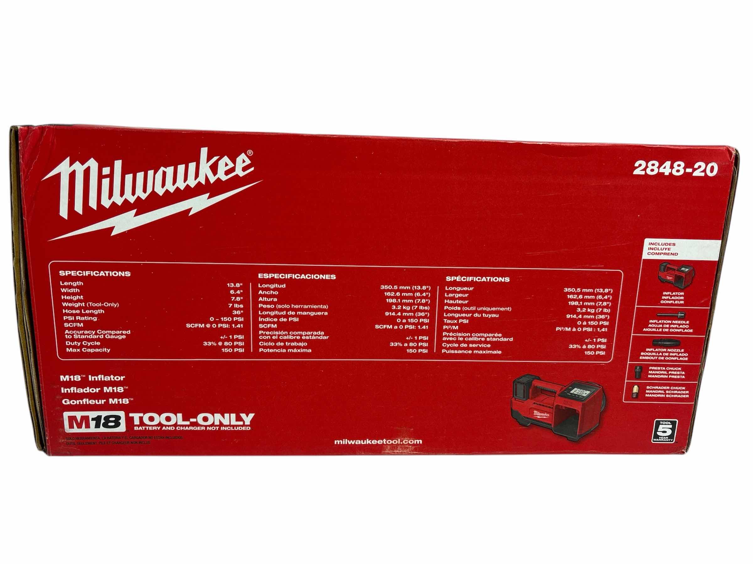 Photo 11 of NEW MILWAUKEE M18 LITHIUM-ION CORDLESS ELECTRIC PORTABLE INFLATOR, TOOL ONLY (2848-20)