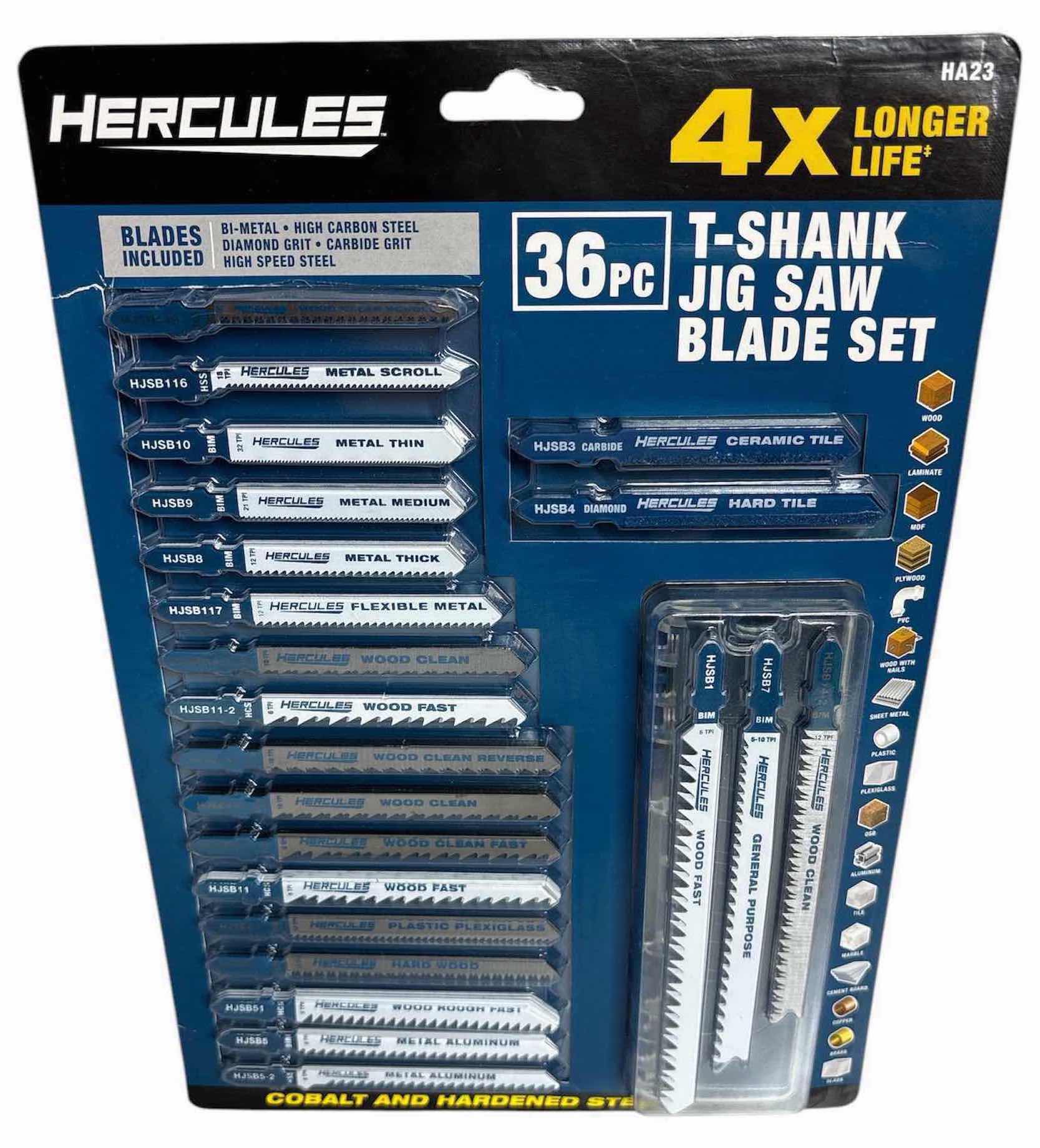 Photo 1 of NEW HERCULES 36 PC T-SHANK JIG SAW BLADE SET, COBALT & HARDENED STEEL BLADES (HA23)