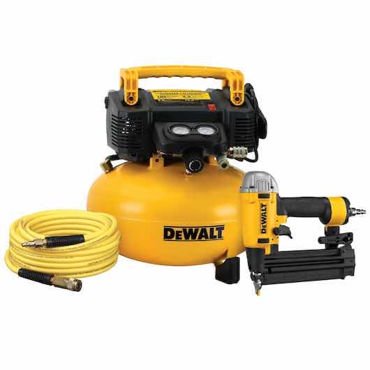 Photo 1 of DEWALT HEAVY DUTY COMPRESSOR COMBO KIT, 18GA BRAD PRECISION POINT NAILER (DWFP12233), 6 GAL OIL-FREE AIR COMPRESSOR (DWFP55126) & 50’ PVC/RUBBER BLEND AIR HOSE (DW1KIT18PP)