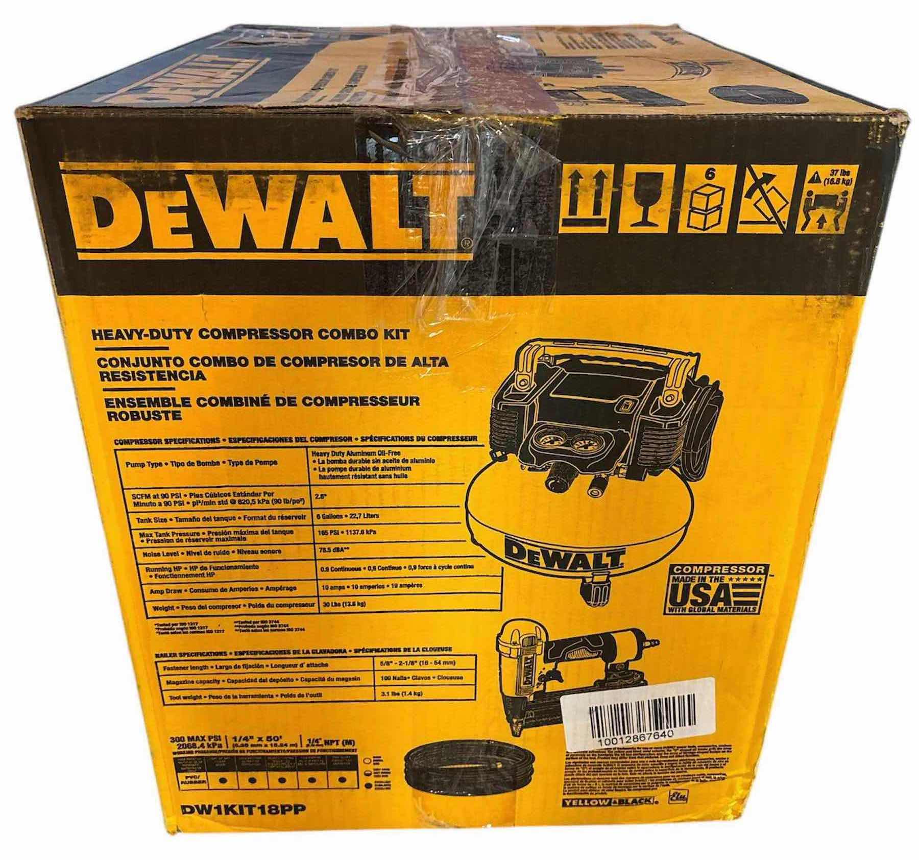 Photo 12 of DEWALT HEAVY DUTY COMPRESSOR COMBO KIT, 18GA BRAD PRECISION POINT NAILER (DWFP12233), 6 GAL OIL-FREE AIR COMPRESSOR (DWFP55126) & 50’ PVC/RUBBER BLEND AIR HOSE (DW1KIT18PP)
