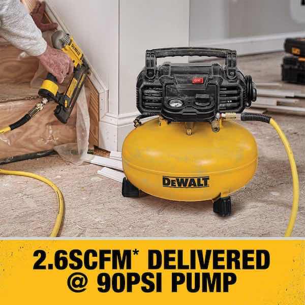 Photo 6 of DEWALT HEAVY DUTY COMPRESSOR COMBO KIT, 18GA BRAD PRECISION POINT NAILER (DWFP12233), 6 GAL OIL-FREE AIR COMPRESSOR (DWFP55126) & 50’ PVC/RUBBER BLEND AIR HOSE (DW1KIT18PP)