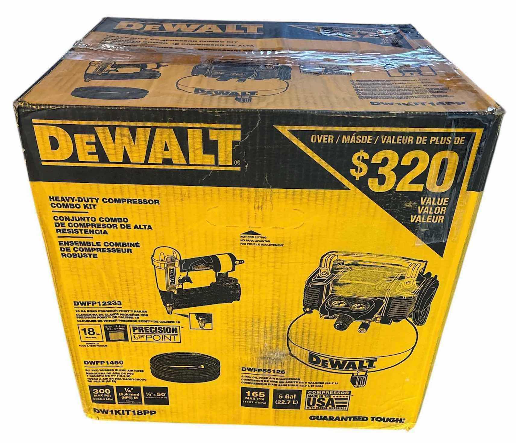 Photo 1 of DEWALT HEAVY DUTY COMPRESSOR COMBO KIT, 18GA BRAD PRECISION POINT NAILER (DWFP12233), 6 GAL OIL-FREE AIR COMPRESSOR (DWFP55126) & 50’ PVC/RUBBER BLEND AIR HOSE (DW1KIT18PP)
