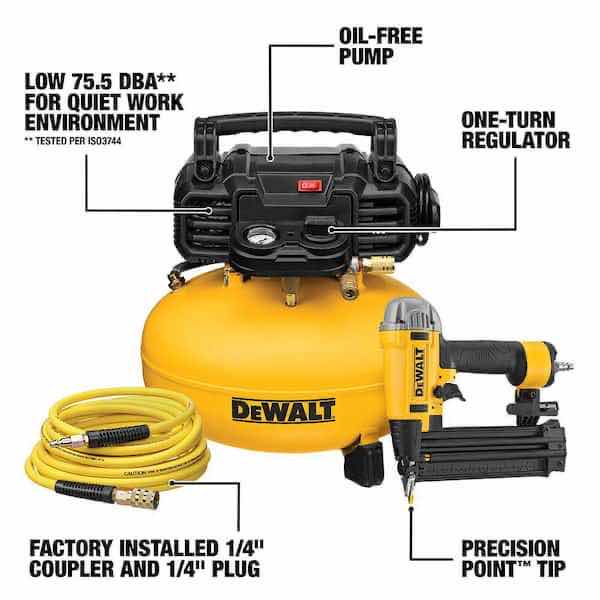Photo 4 of DEWALT HEAVY DUTY COMPRESSOR COMBO KIT, 18GA BRAD PRECISION POINT NAILER (DWFP12233), 6 GAL OIL-FREE AIR COMPRESSOR (DWFP55126) & 50’ PVC/RUBBER BLEND AIR HOSE (DW1KIT18PP)