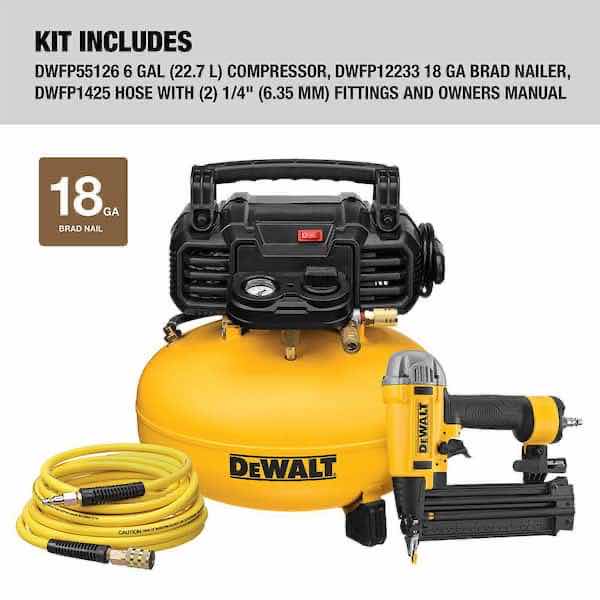 Photo 3 of DEWALT HEAVY DUTY COMPRESSOR COMBO KIT, 18GA BRAD PRECISION POINT NAILER (DWFP12233), 6 GAL OIL-FREE AIR COMPRESSOR (DWFP55126) & 50’ PVC/RUBBER BLEND AIR HOSE (DW1KIT18PP)