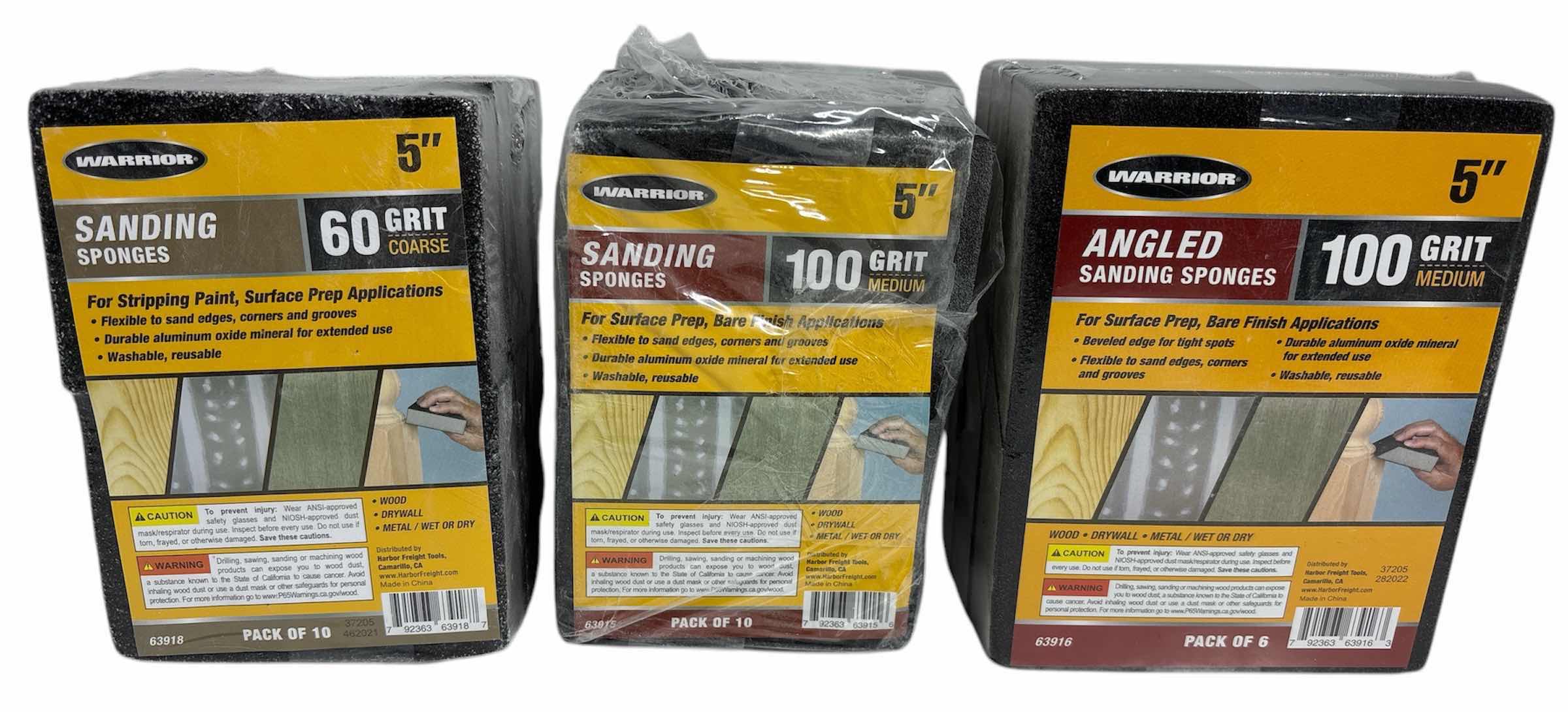 Photo 1 of NEW WARRIOR SANDING SPONGES, 10-PACK 60 GRIT COARSE 5” (63918), 9-PACK 100 GRIT MEDIUM 5” (63915) & 6-PACK ANGLED 100 GRIT MEDIUM 5” (63916)