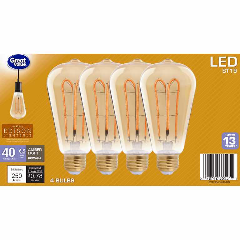 Photo 2 of NEW GREAT VALUE VINTAGE LED ST19 40 WATT AMBER FINISH 4-PACK BULBS & SYLVANIA VINTAGE ST19 40 WATT DIMMABLE AMBER GLOW 4-PACK BULBS