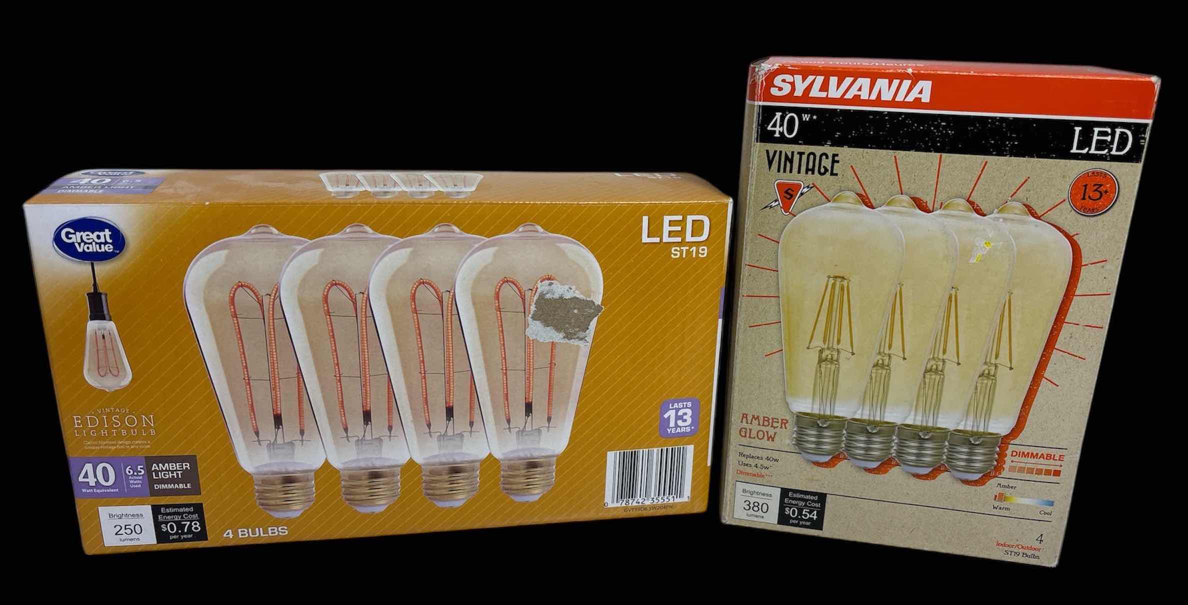 Photo 1 of NEW GREAT VALUE VINTAGE LED ST19 40 WATT AMBER FINISH 4-PACK BULBS & SYLVANIA VINTAGE ST19 40 WATT DIMMABLE AMBER GLOW 4-PACK BULBS