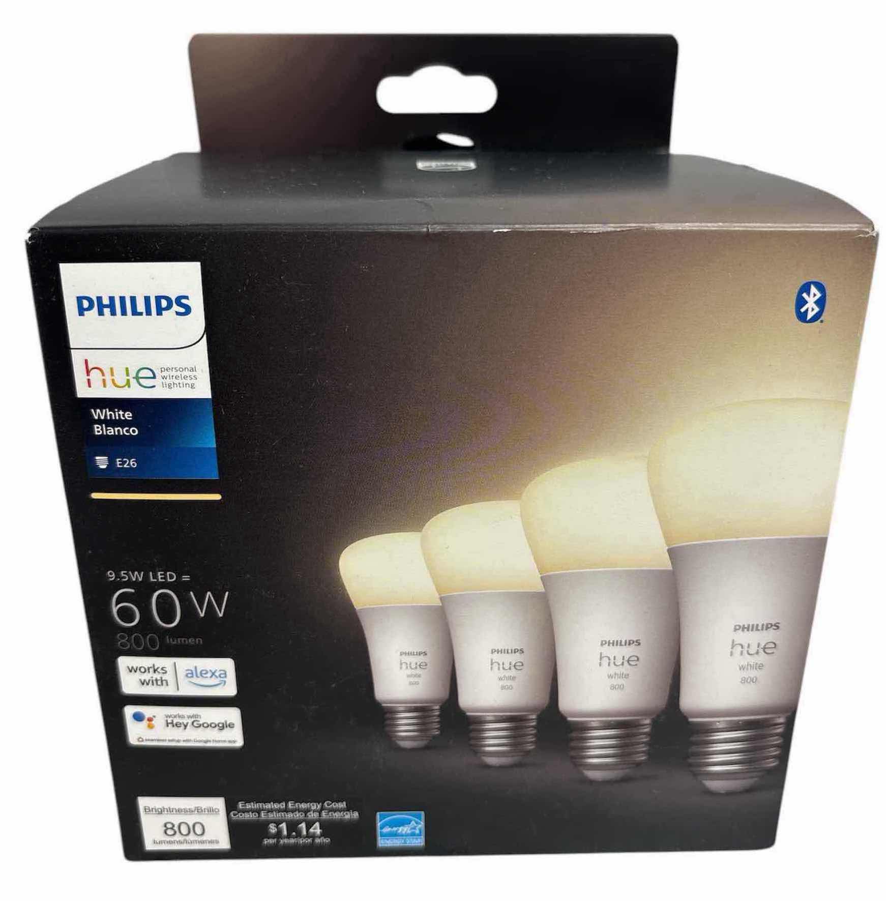 Photo 1 of NEW PHILIPS HUE 60 WATT SOFT WHITE A19 DIMMABLE LED SMART LIGHT BULB 4-PACK, BLUETOOTH & HUB COMPATIBLE & VOICE ACTIVATED W ALEXA