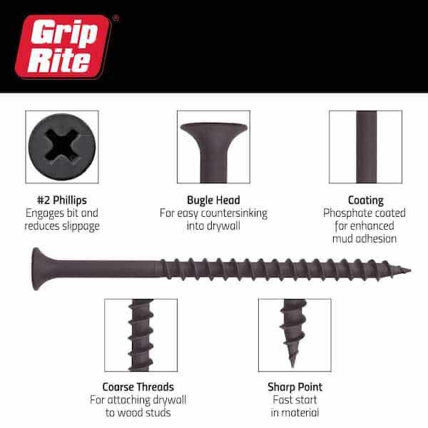 Photo 1 of GRIP-RITE #6 X 1.25” #2 PHILLIPS BUGLE HEAD COARSE THREAD SHARP POINT DRYWALL SCREWS 25LB BUCKET (APPROX 5,000 SCREWS IN BUCKET)
